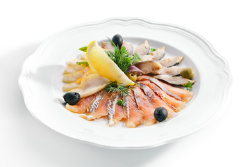 Raw Assorted Fish Delicacies or Sashimi Isolated