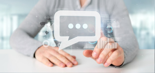 View of a Businessman holding a message icon with data in background - 3d rendering