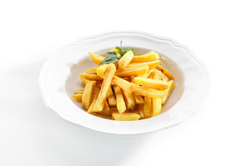 Macro Shot of Fries or French Fries on White Restaurant Plate Isolated