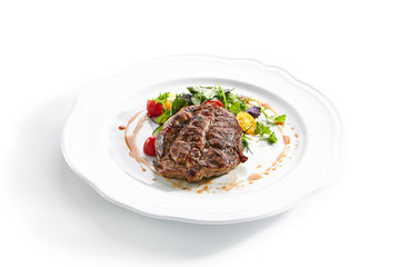 Pork Neck Steak with Mixed Salad on White Restaurent Plate