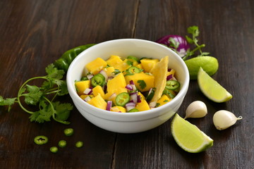 Homemade Mango Salsa with Ingredients and Corn Chips,  copy space