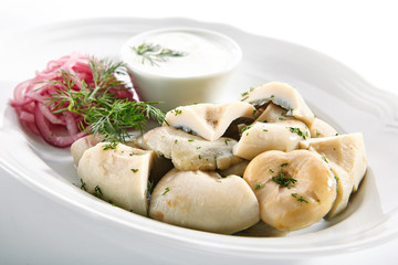 Pickled Milk Mushrooms, Marinated Red Onion Rings and Sour Cream