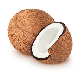 Composition with whole and halved coconuts isolated on white background. As design element.