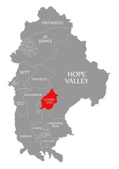 Chapel East red highlighted in map of High Peak district in East Midlands England UK