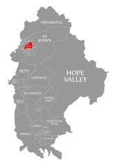 Dinting red highlighted in map of High Peak district in East Midlands England UK