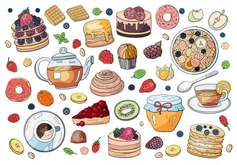 Big set of different elements of breakfast isolated on white background. Different drinks, cakes and sweets. Tea, coffee, donut, granola, honey, pancakes, waffles and sweets.