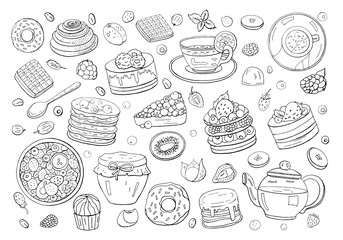 Black and white big set of different elements of breakfast isolated on white background. Different drinks, cakes and sweets. Tea, coffee, donut, granola, honey, pancakes, waffles and sweets.