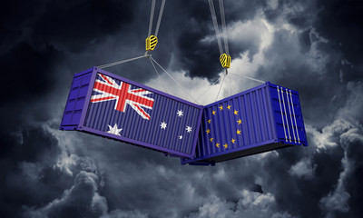 Australia and europe trade war concept. Clashing cargo containers. 3D Render © ink drop