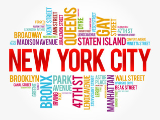 List of streets in New York City, word cloud collage, business and travel concept background