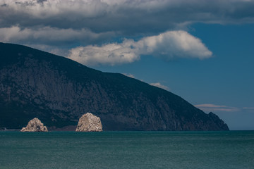 Mountain Ayu-Dag and Adalars in the Crimea in the beginning of summer. Black Sea.
