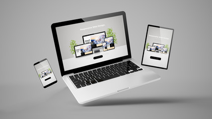 flying tablet, laptop and mobile phone showing responsive devices website