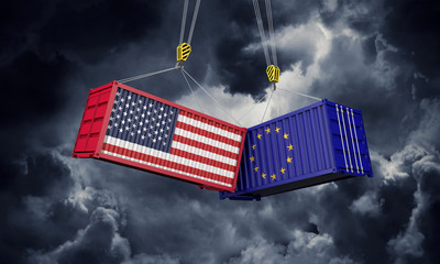 USA and europe trade war concept. Clashing cargo containers. 3D Render © ink drop