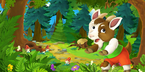 Cartoon fairy tale scene with goat farmer on the meadow in the forest - illustration for children