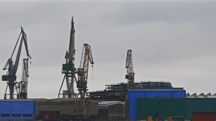 Large shipyard from afar with high cranes