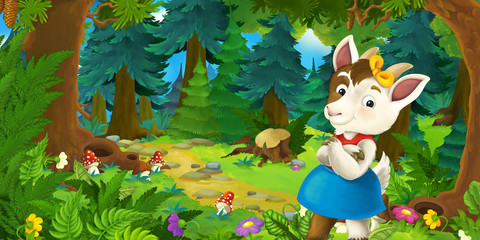 Obraz na płótnie Canvas Cartoon fairy tale scene with goat girl farmer on the meadow in the forest - illustration for children