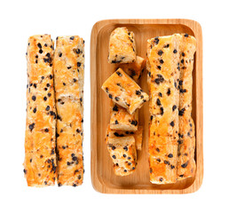 Chocolate chip stick In a wooden plate on white background