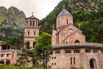 Fototapeta na wymiar Archangel (Dariali) monastery complex located on Georgian Military Road near border with Russia.