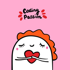 Coding passion hand drawn vector illustration in cartoon style. Woman holding heart red