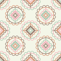 Naklejka premium Ethnic boho seamless pattern. Lace. Embroidery on fabric. Patchwork texture. Weaving. Traditional ornament. Tribal pattern. Folk motif. Can be used for wallpaper, textile, wrapping, web. 