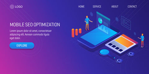 3d isometric design concept of mobile seo optimization, marketing data analysis, internet technology with tiny people.