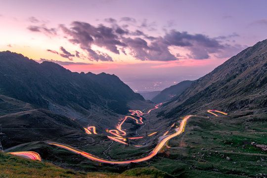 Long exposure with National Road 7C (DN7C), nicknamed Transfagarasan from the Fagaras mountains. The lights of the nostrils draw the path of the road. Photo taken on August 30th, 2019.