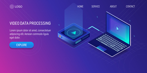 Naklejka premium Video data processing, video data transferring to laptop from external hard drive, 3d isometric concept, web banner, template, presentation.