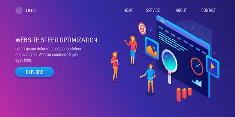 Website seo, web page loading speed test, software concept with digital marketing expert people. 3d isometric banner, template, presentation.