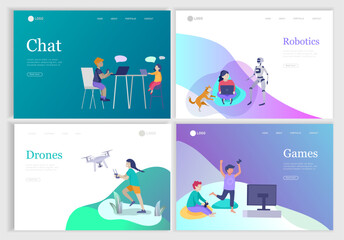 Set of landing page with Happy school children performing various activities or hobbies, playing games on computer or console, programming, launching drone, wearing VR headset