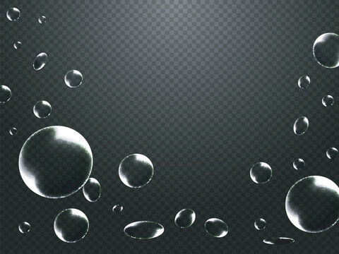 Abstract water drops or liquid bubbles decorated on black transparent background.
