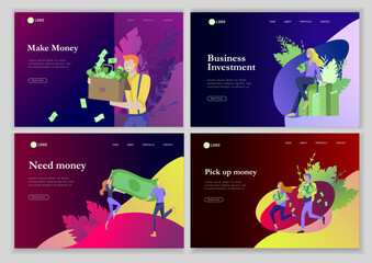 Fototapeta premium Landing page template Happy people with money, characters in move make money. Business investment, money rain, men and woman run with profit, catch bills. Cartoon style, flat vector illustration