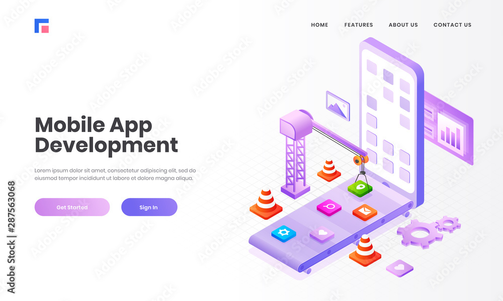 Poster isometric illustration of multiple application, apps under maintenance by tower crane in smartphone 