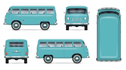 Deurstickers Retro minivan vector mockup on white background. Isolated passenger van view from side, front, back, top. All elements in the groups on separate layers for easy editing and recolor © Yuri Schmidt