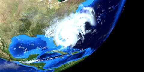 Extremely detailed and realistic high resolution 3d illustration of Hurricane Dorian approaching Florida. Shot from Space. Elements of this image are furnished by NASA