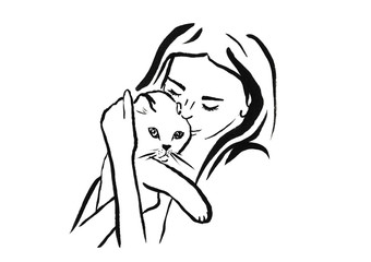 Simple line art hand drawn black ink illustration with beautiful young woman holding cat isolated on white background