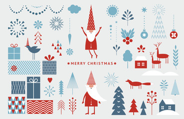 Set of graphic elements for Christmas cards. Gnome, deer, Christmas Trees, snowflakes, stylized gift boxes. 