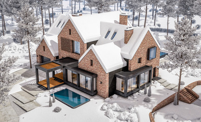 3d rendering of modern cozy clinker house on the ponds with garage and pool for sale or rent with beautiful landscaping on background. Cool winter day with shiny white snow.