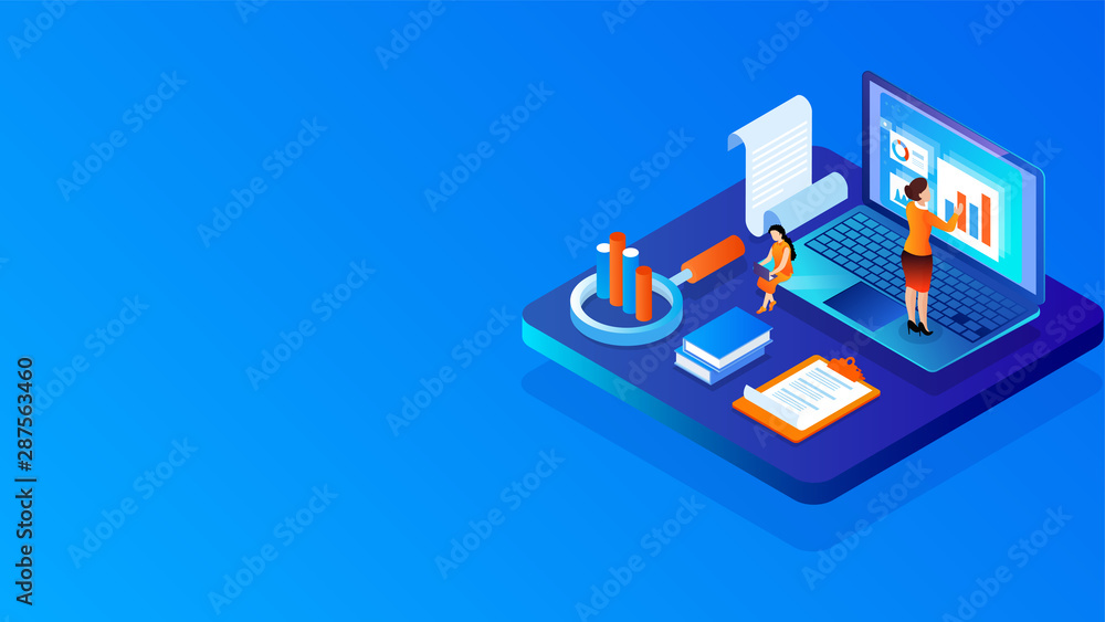Aufkleber 3d illustration of business people maintain or analysis data on laptop with magnifying glass and bar