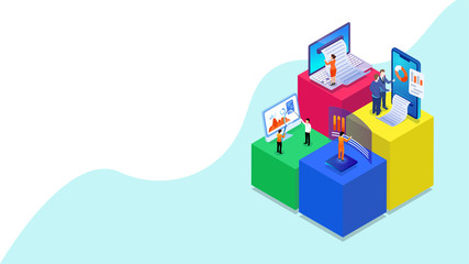 3D illustration of miniature business people analysis the data with digital devices on different platform for Company growth or success. Can be used as web banner design.