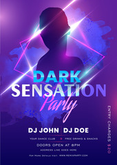 Dark Sensation Party invitation card, template or flyer design with lighting effect and venue details.