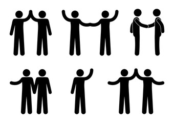 handshake icon, stick figure man, people hold hands, human silhouette, stickman pictogram