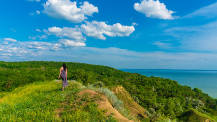 Naklejka premium girl on a hill against the sea