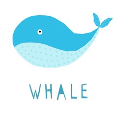 Funny whale. Handmade childish crafted whale fish for design school party advertising, kids gift card, bag print, school wallpaper, education school advertising etc.