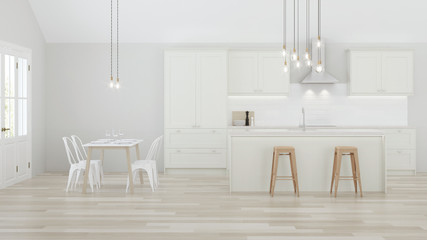 The interior of the kitchen in a private house. White kitchen with a blue island. 3D rendering.