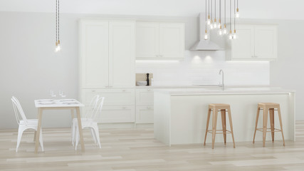 The interior of the kitchen in a private house. White kitchen with a blue island. 3D rendering.