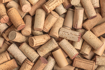 Wine corks Pattern. Various wooden wine corks as a Background. Top view