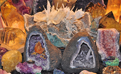 Amethyst and Citrine Chalcedony  Quartz and Calcite Geode