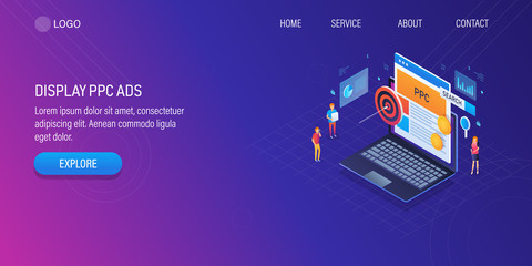 Display advertising, ppc ad campaign, website ad network, target audience, seo concept. 3d isometric banner template with character figures.
