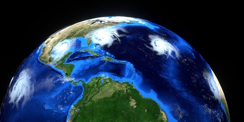 Extremely detailed and realistic high resolution 3d illustration of multiple Hurricanes approaching the USA. Shot from space. Elements of this image are furnished by NASA.
