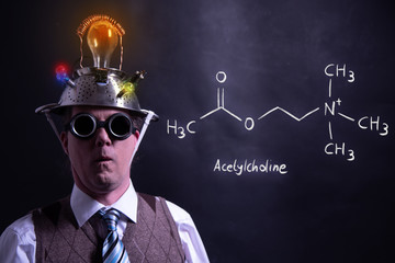 Nerd presenting handdrawn chemical formula of acetylcholine
