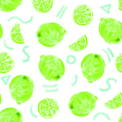 Hand drawn sketch style ripe green lime seamless pattern with abstract neon elements. Minimal color pattern on white background. Whole limes, rounds and slices